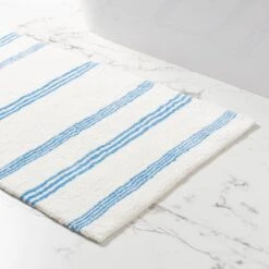 Tiny Tides Stripe Bath Mat - White/French Blue